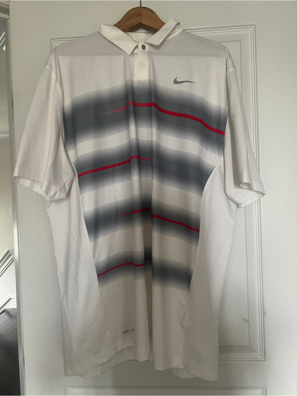 Nike Men’s White Dri-FIT Polo with Gray Gradient and Red Stripe